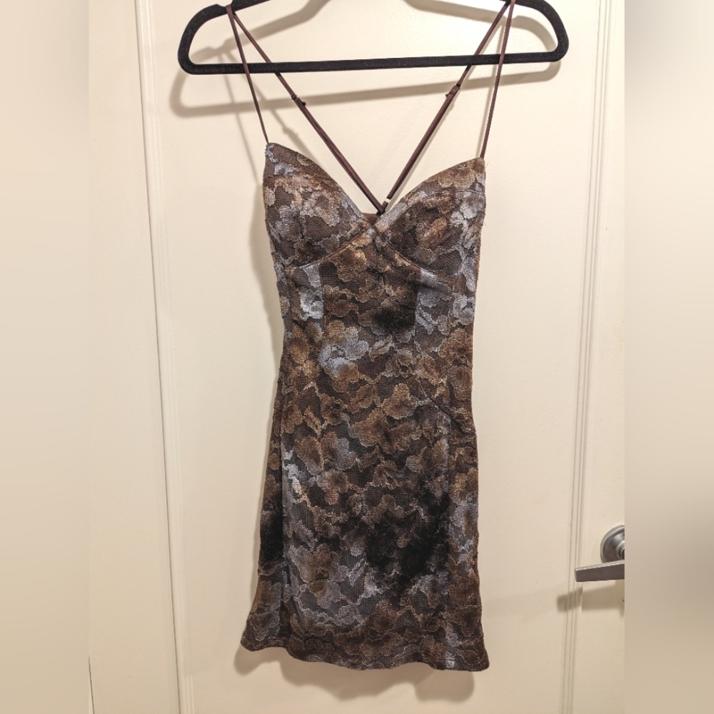 NWOT Brown Silver Lace Mini Dress